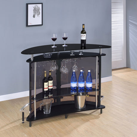 Amarillo Freestanding Home Bar with Glass Top & Stemware Rack - Curved Black with Smoked Acrylic Panels – view 3