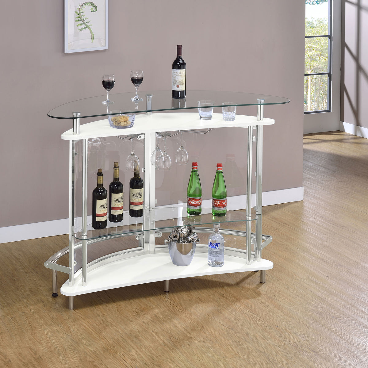 Amarillo Curved Home Bar with Glass Top & Wine Glass Rack - Contemporary White with Chrome Accents – view 3
