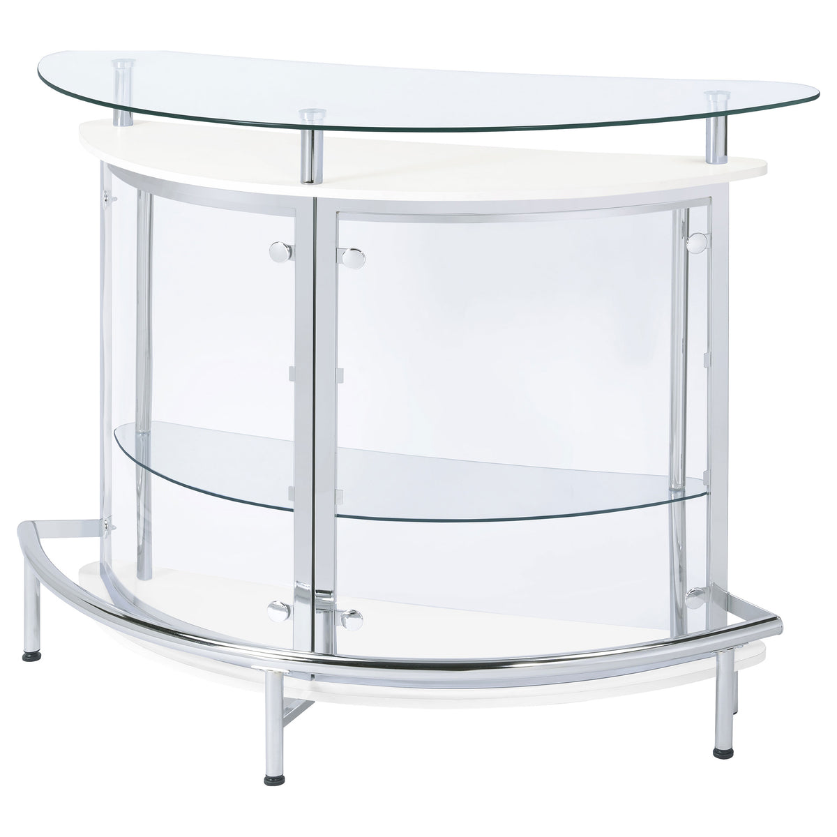Amarillo Curved Home Bar with Glass Top & Wine Glass Rack - Contemporary White with Chrome Accents – view 5