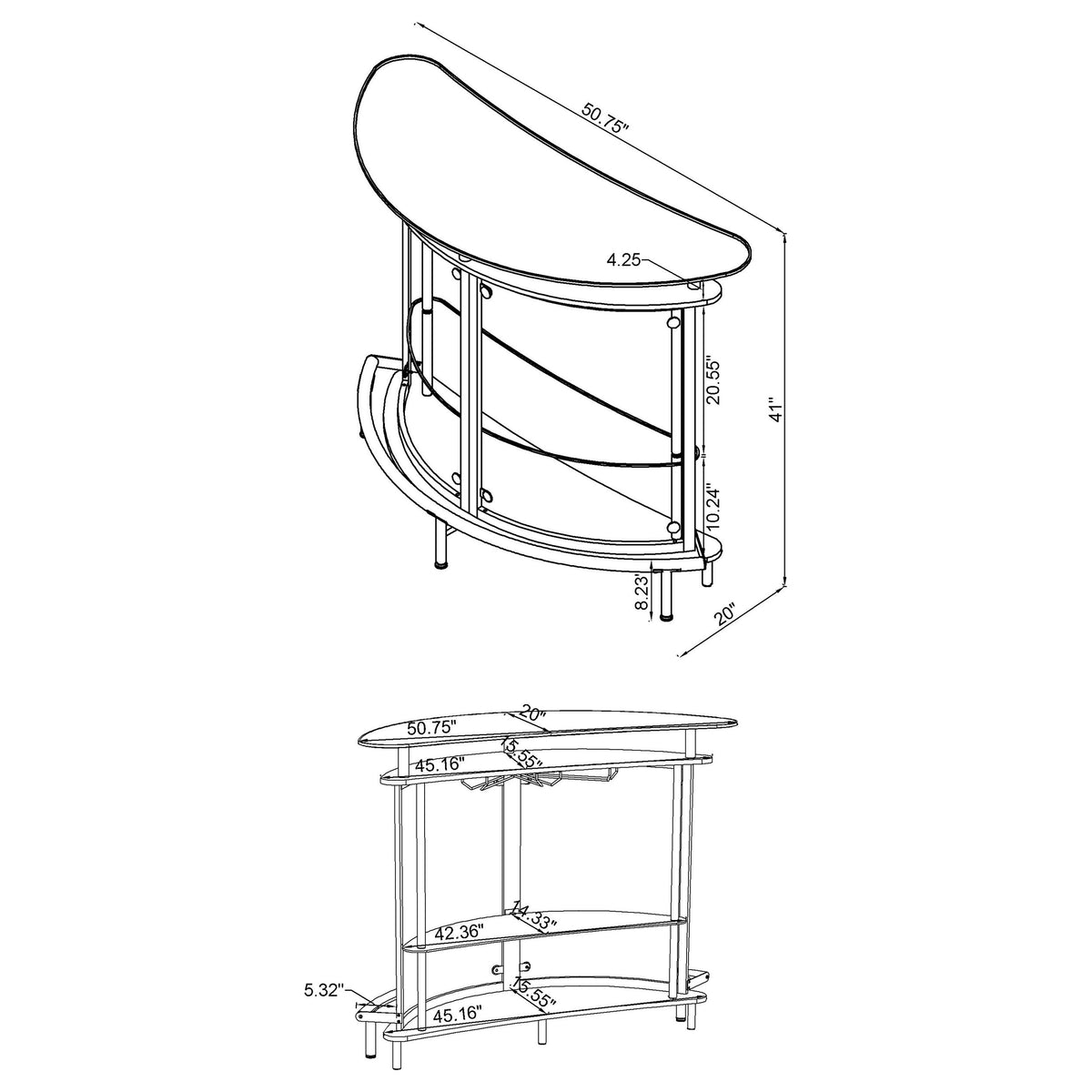 Amarillo Curved Home Bar with Glass Top & Wine Glass Rack - Contemporary White with Chrome Accents – view 13