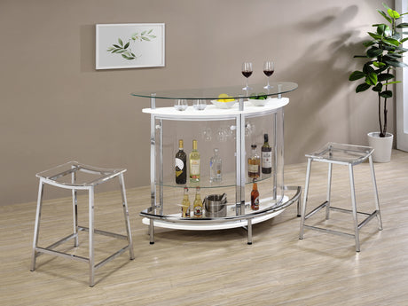 Amarillo Curved Home Bar with Glass Top & Wine Glass Rack - Contemporary White with Chrome Accents – view 14