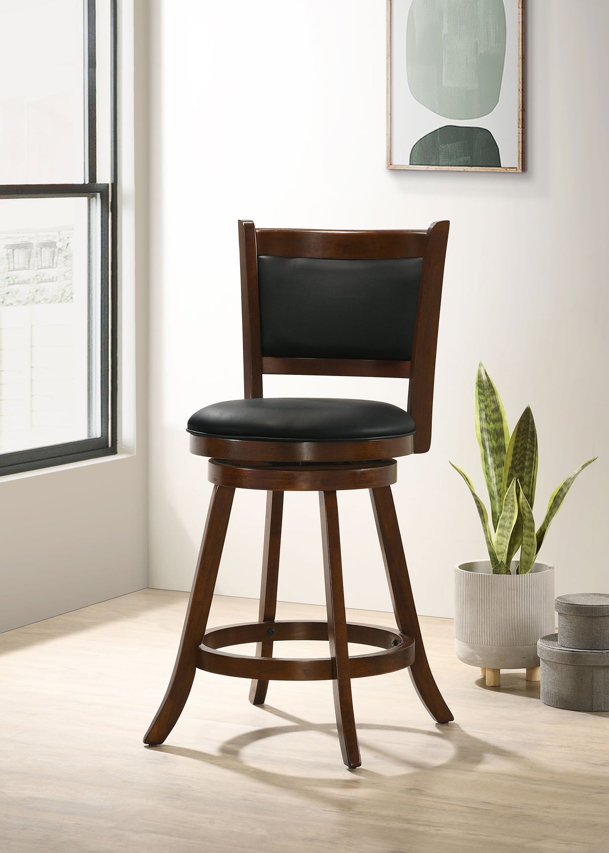 Broxton Swivel Counter or Bar Stools - Black Leatherette Seat & Curved Back on Chestnut Wood, Set of 2 – view 1