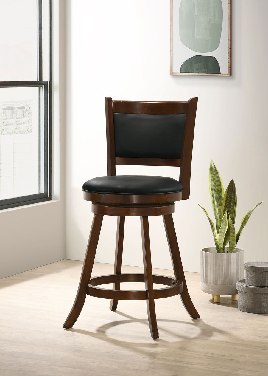Broxton Swivel Counter or Bar Stools - Black Leatherette Seat & Curved Back on Chestnut Wood, Set of 2