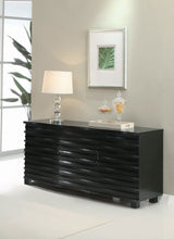 Stanton Dining Collection - 66" Black Pedestal Table, Grey Velvet Chairs & Wave-Front Sideboard - lifestyle