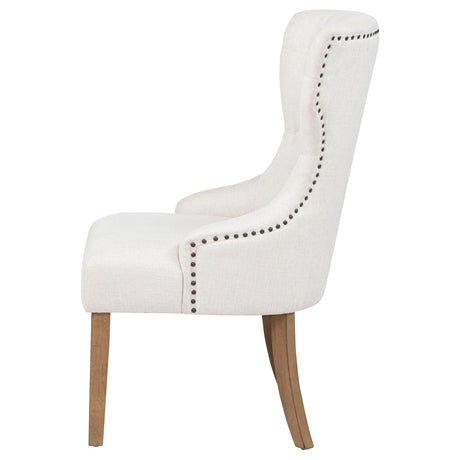 Baney Button-Tufted Wingback Dining Chair - Beige Fabric with Nailhead Trim & Rustic Grey Legs – view 5