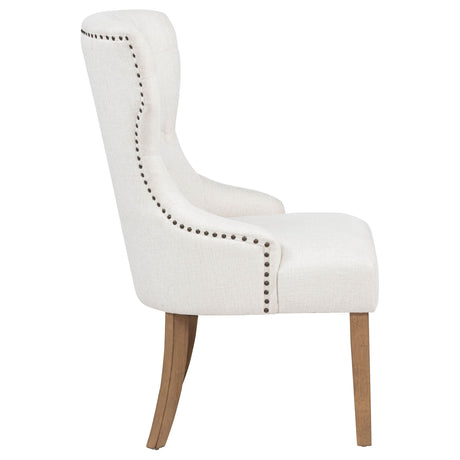 Baney Button-Tufted Wingback Dining Chair - Beige Fabric with Nailhead Trim & Rustic Grey Legs – view 9