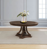 Baney Ridgewell Dining Collection - Trestle Extension or Round Pedestal Table, Tufted Wingback Chairs in Dark Oak - lifestyle
