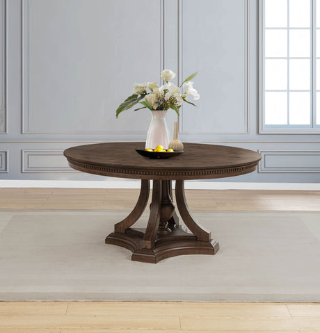 Baney Ridgewell Dining Collection - Trestle Extension or Round Pedestal Table, Tufted Wingback Chairs in Dark Oak - lifestyle