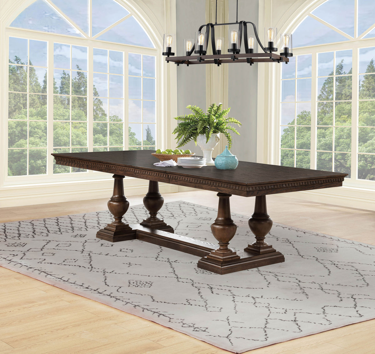 Baney Ridgewell Dining Collection - Trestle Extension or Round Pedestal Table, Tufted Wingback Chairs in Dark Oak – view 1