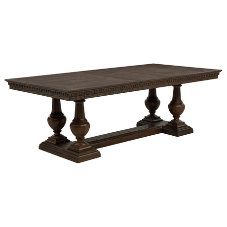 Baney Ridgewell Dining Collection - Trestle Extension or Round Pedestal Table, Tufted Wingback Chairs in Dark Oak – view 12