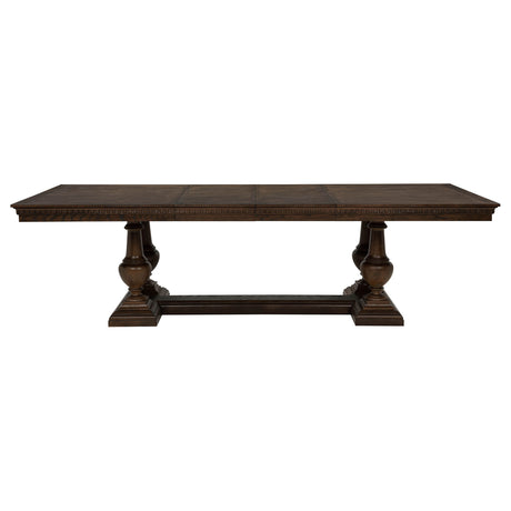 Baney Ridgewell Dining Collection - Trestle Extension or Round Pedestal Table, Tufted Wingback Chairs in Dark Oak – view 13
