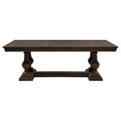 Baney Ridgewell Dining Collection - Trestle Extension or Round Pedestal Table, Tufted Wingback Chairs in Dark Oak – view 14