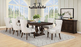 Baney Ridgewell Dining Collection - Trestle Extension or Round Pedestal Table, Tufted Wingback Chairs in Dark Oak
