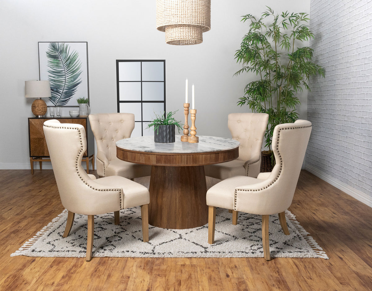 Ortega Dining Collection - 46" Round Marble Top Pedestal Table, Coffee Leatherette Chairs & Marble Top Sideboard – view 9