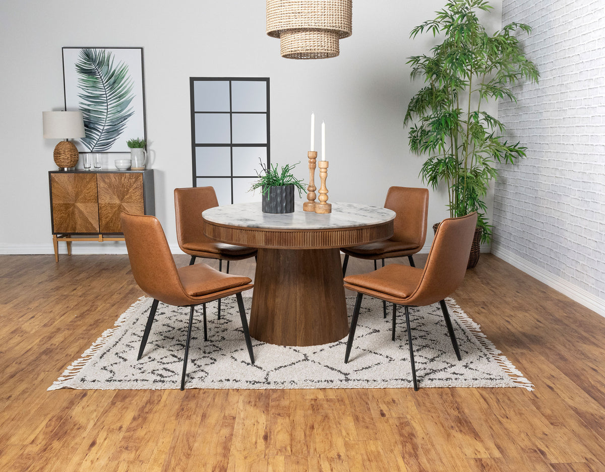 Ortega Dining Collection - 46" Round Marble Top Pedestal Table, Coffee Leatherette Chairs & Marble Top Sideboard – view 10