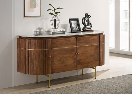 Ortega Dining Collection - 46" Round Marble Top Pedestal Table, Coffee Leatherette Chairs & Marble Top Sideboard - lifestyle