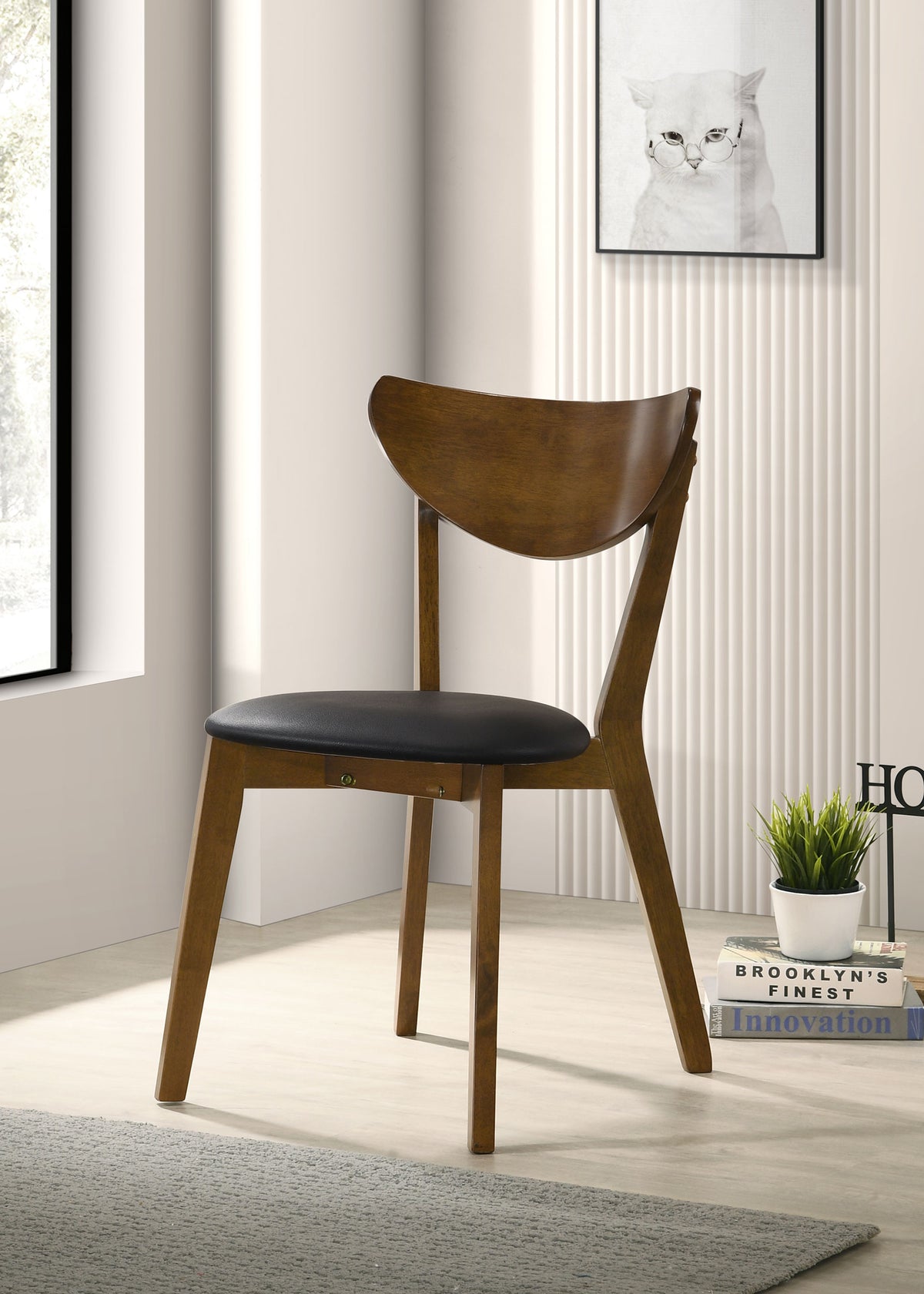 Jedda Oval Extension Dining Table & 5-Piece Set - Mid-Century Dark Walnut with Black Leatherette Chairs - lifestyle
