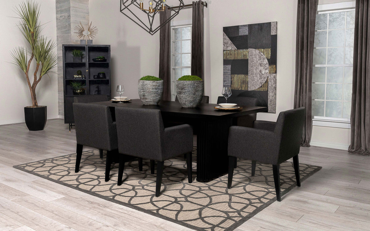 Catherine 84" Double Pedestal Dining Table & Sets - Fluted Black Oak with Grey Upholstered Arm Chairs – view 14