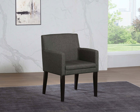 Catherine 84" Double Pedestal Dining Table & Sets - Fluted Black Oak with Grey Upholstered Arm Chairs - lifestyle