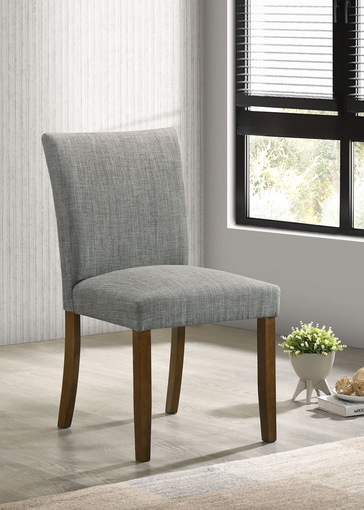Paxton Upholstered Dining Side Chairs (Set of 2) - Contoured Back in Grey Fabric with Brown Legs – view 1