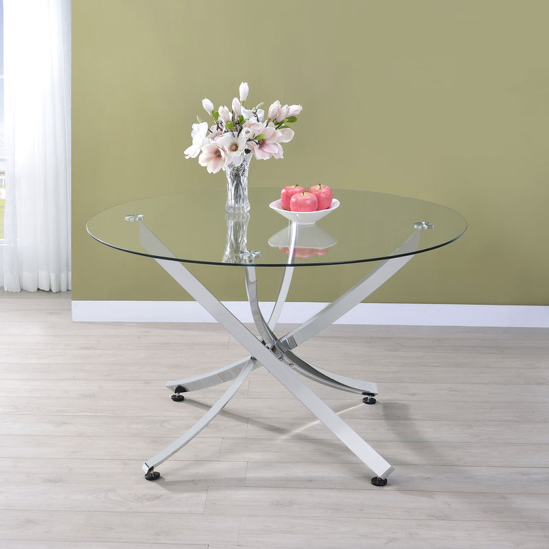 Beckham 46" Round Glass Top Dining Table - Sculptural Asterisk Base in Chrome