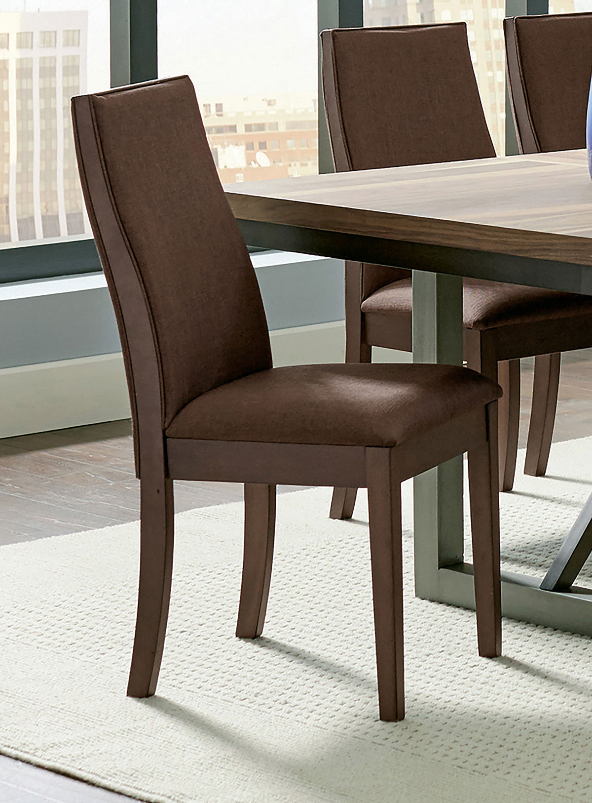 Spring Creek 77" Extension Dining Table & Sets - Natural Walnut with Chocolate or Taupe Upholstered Chairs - lifestyle