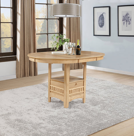 Lavon Oval Counter Height Extension Dining Table & Sets - Light Oak with Storage Pedestal & Linen Lattice-Back Chairs – view 1