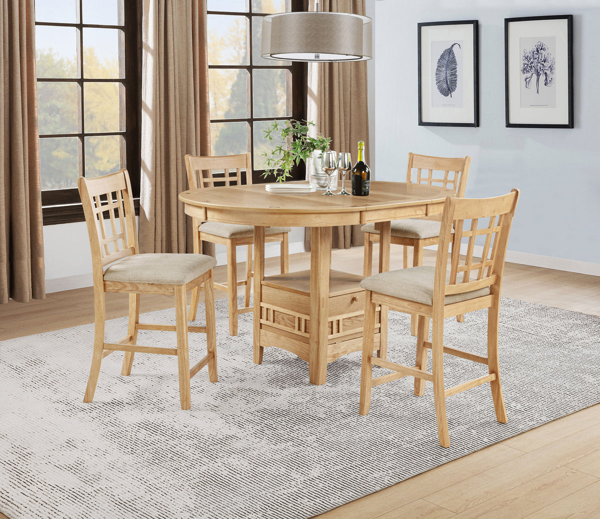 Lavon Oval Counter Height Extension Dining Table & Sets - Light Oak with Storage Pedestal & Linen Lattice-Back Chairs – view 17