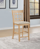 Lavon Oval Counter Height Extension Dining Table & Sets - Light Oak with Storage Pedestal & Linen Lattice-Back Chairs - lifestyle