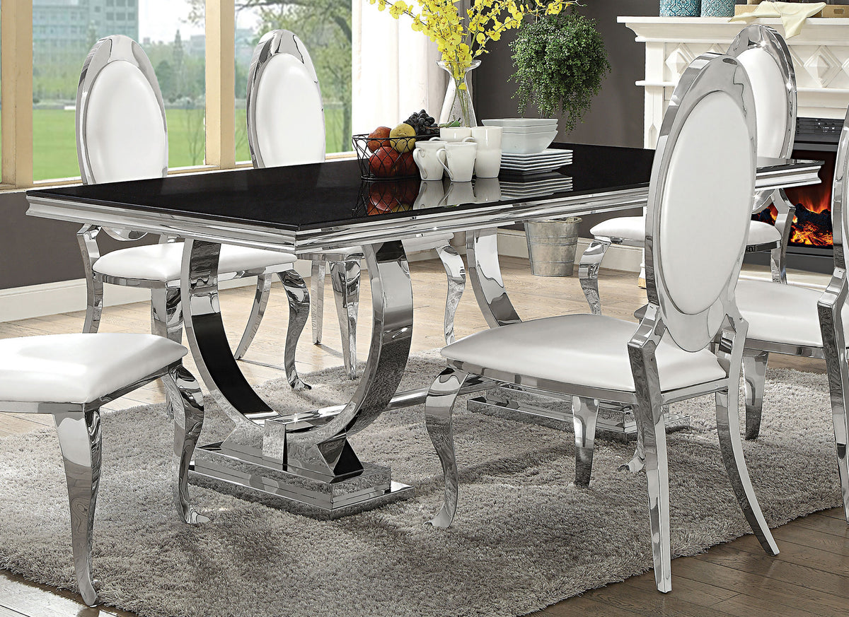 Anchorage 95" Black Glass Top Dining Table & Cream Leatherette Side Chairs - Polished Stainless Steel – view 1