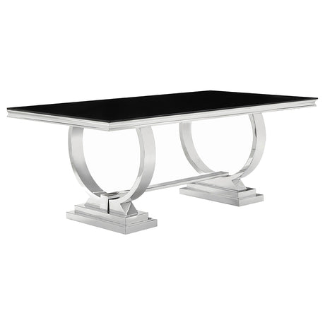 Anchorage 95" Black Glass Top Dining Table & Cream Leatherette Side Chairs - 95" Glass Top Dining Table