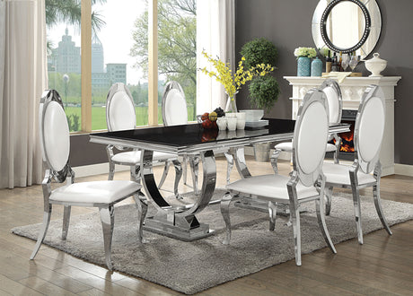 Anchorage 95" Black Glass Top Dining Table & Cream Leatherette Side Chairs - Polished Stainless Steel – view 6