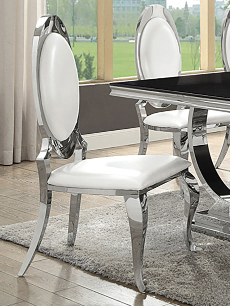 Anchorage 95" Black Glass Top Dining Table & Cream Leatherette Side Chairs - Polished Stainless Steel – view 2