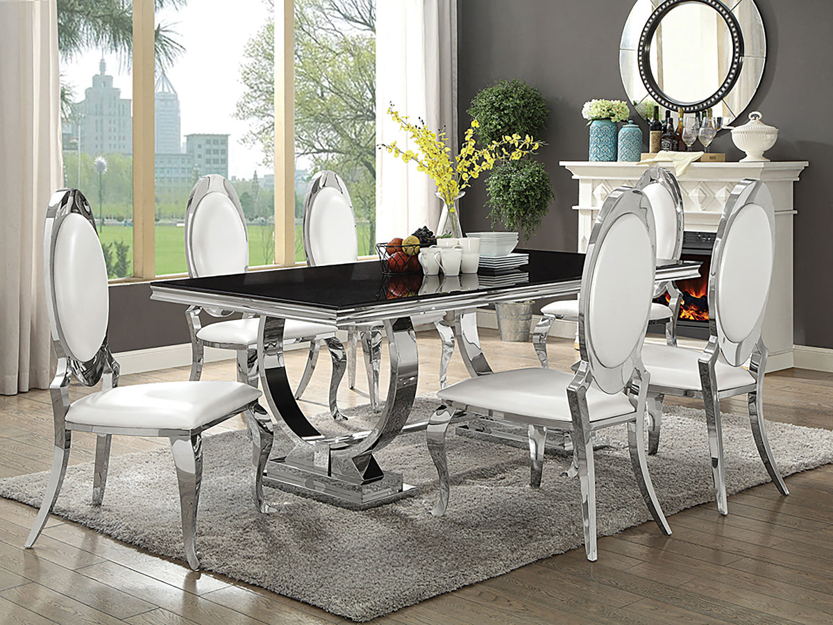 Anchorage 95" Black Glass Top Dining Table & Cream Leatherette Side Chairs - Polished Stainless Steel – view 15