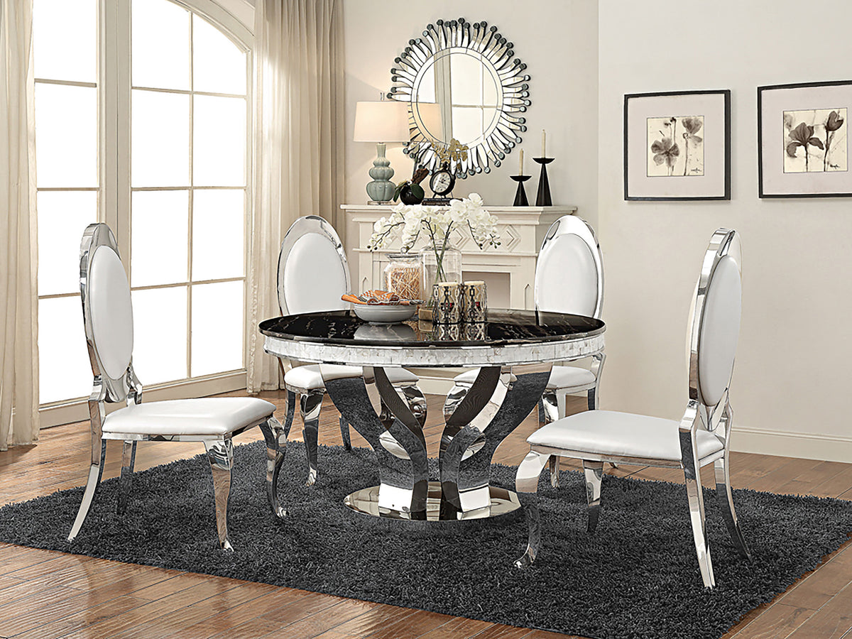 Anchorage 95" Black Glass Top Dining Table & Cream Leatherette Side Chairs - Polished Stainless Steel – view 16