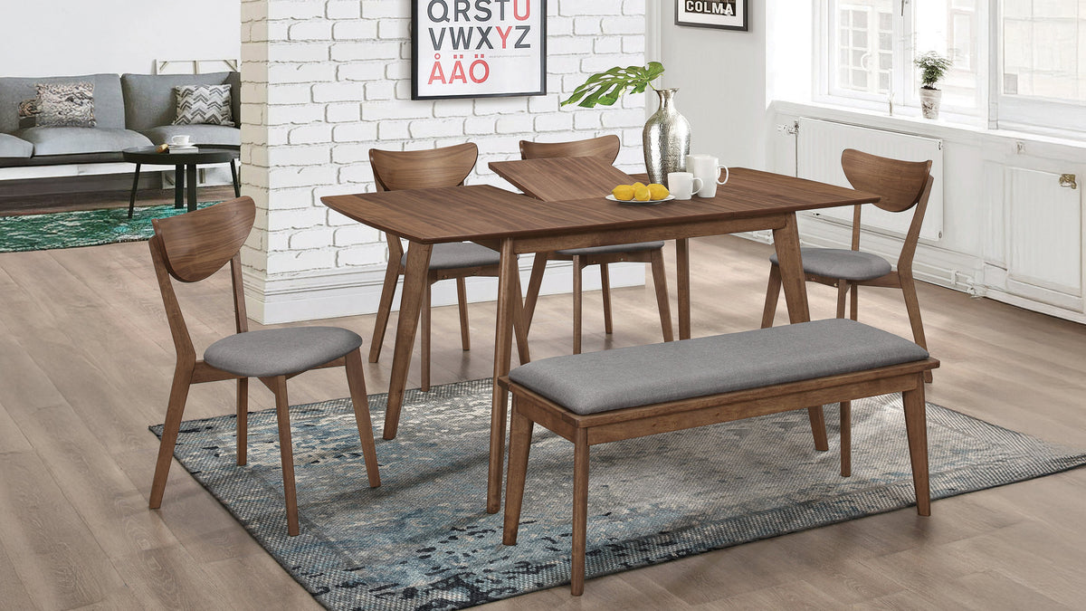 Alfredo Mid-Century Butterfly Leaf Dining Table & Sets - 6pcs- Table + 4 Side Chairs + Bench