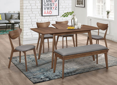 Alfredo Mid-Century Butterfly Leaf Dining Table & Sets - Natural Walnut with Grey Upholstered Chairs & Bench – view 12