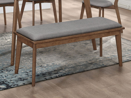 Alfredo Mid-Century Butterfly Leaf Dining Table & Sets - Natural Walnut with Grey Upholstered Chairs & Bench - lifestyle
