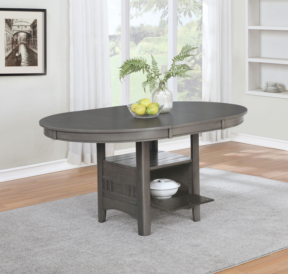 Lavon 42-60" Round to Oval Extension Dining Table & Sets - Pedestal Storage in Medium Grey – view 1