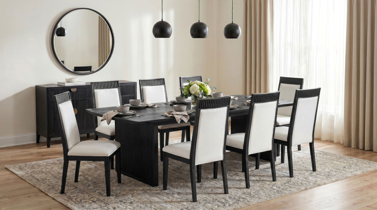 Brookmead Extendable Dining Collection - Wire-Brushed Black Table, Ivory Upholstered Chairs & Sideboard