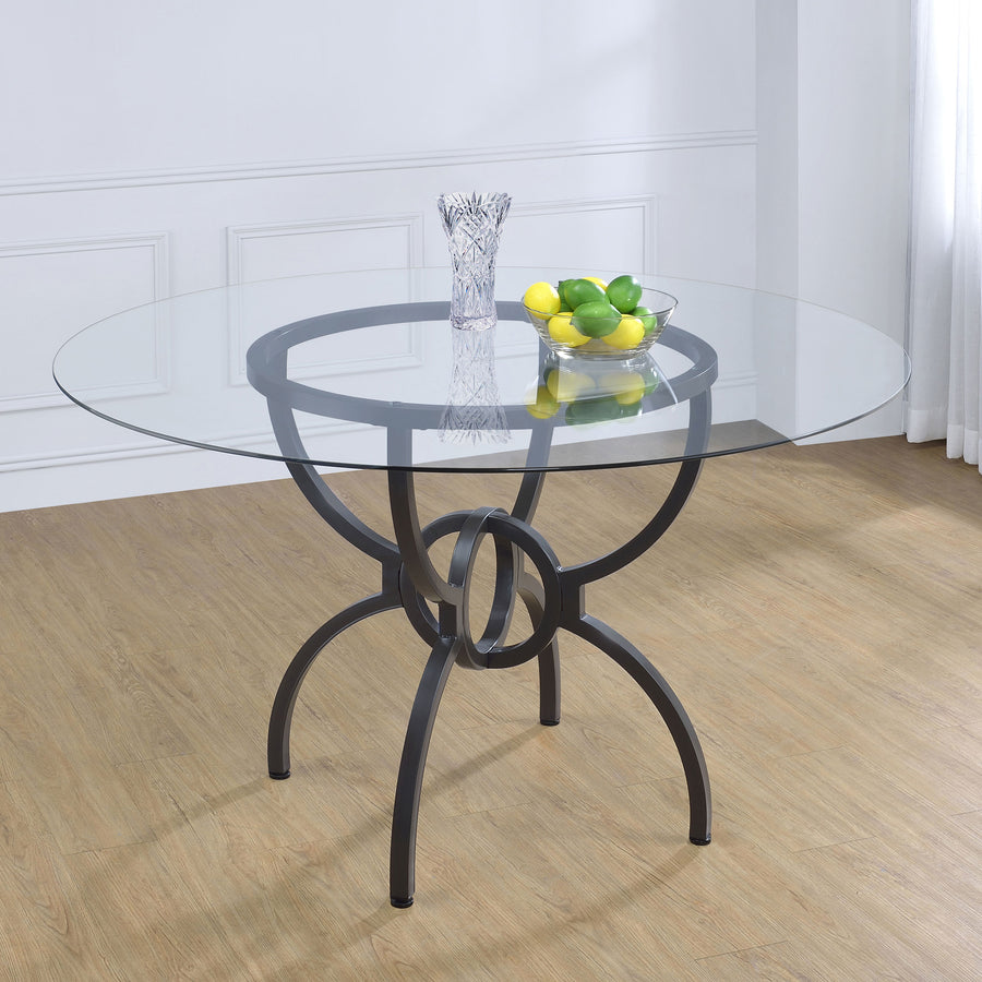 Aviano 48" Round Glass Top Dining Table & Base - Sculptural Ring-Motif Metal Base in Gunmetal