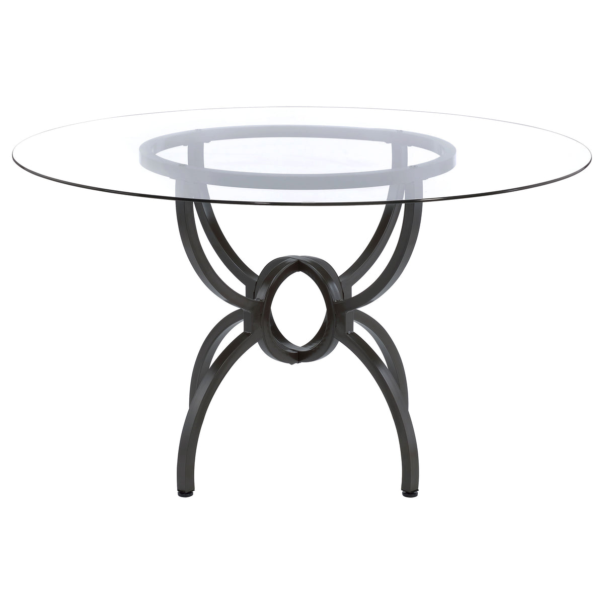 Aviano 48" Round Glass Top Dining Table & Base - Sculptural Ring-Motif Metal Base in Gunmetal – view 4