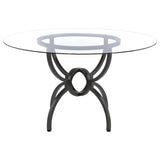 Aviano 48" Round Glass Top Dining Table & Base - Sculptural Ring-Motif Metal Base in Gunmetal – view 4