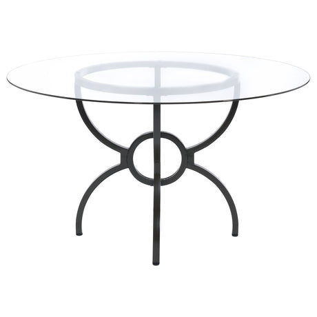 Aviano 48" Round Glass Top Dining Table & Base - Sculptural Ring-Motif Metal Base in Gunmetal – view 5
