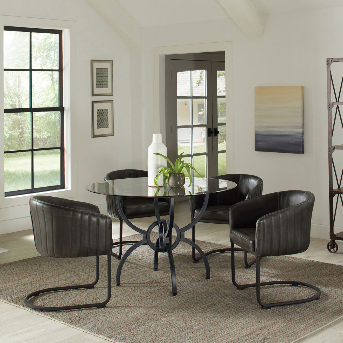 Aviano 48" Round Glass Top Dining Table & Base - Sculptural Ring-Motif Metal Base in Gunmetal – view 11