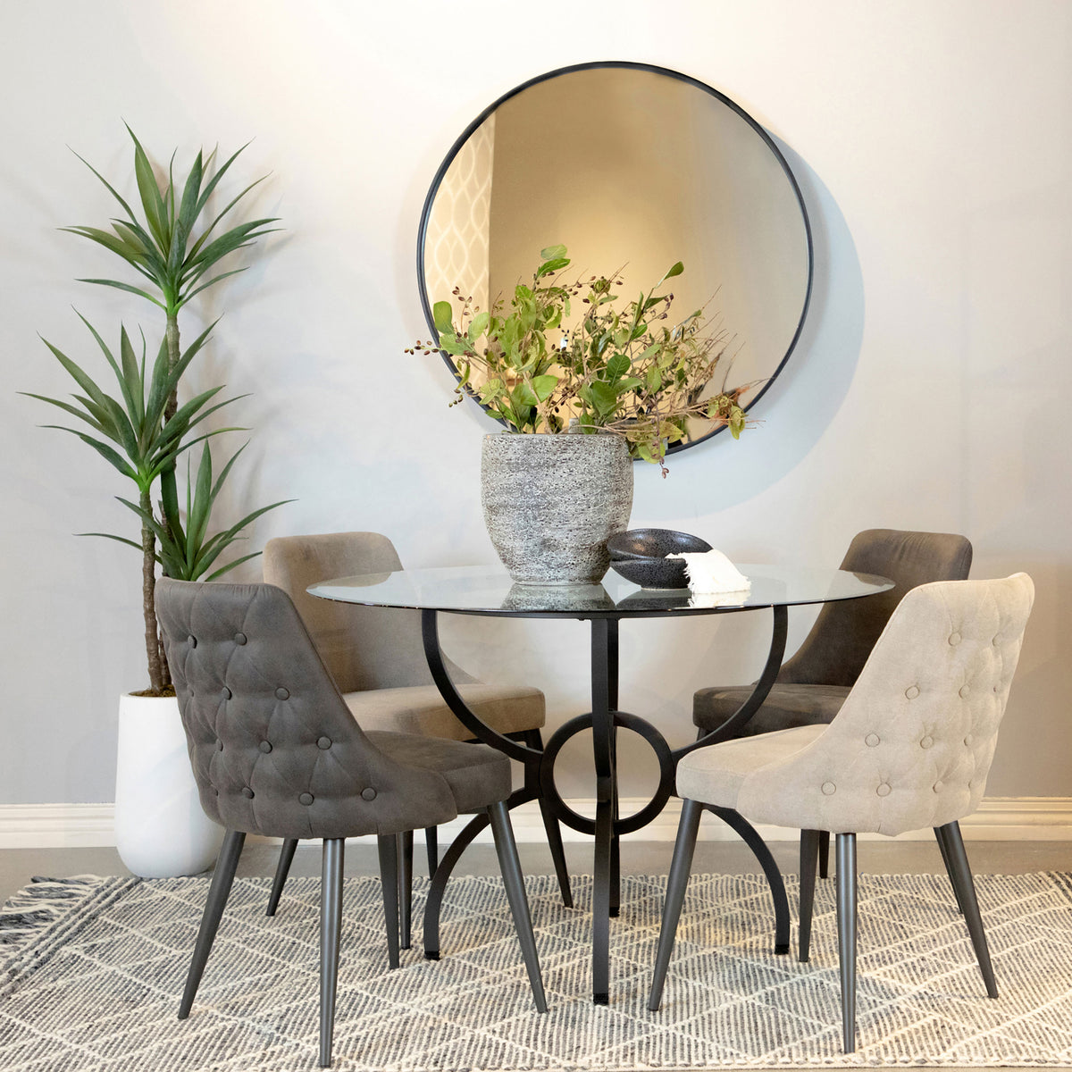 Aviano 48" Round Glass Top Dining Table & Base - Sculptural Ring-Motif Metal Base in Gunmetal – view 12