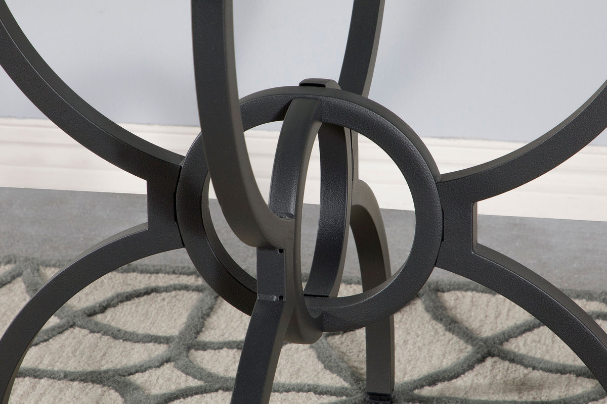 Aviano 48" Round Glass Top Dining Table & Base - Sculptural Ring-Motif Metal Base in Gunmetal – view 16