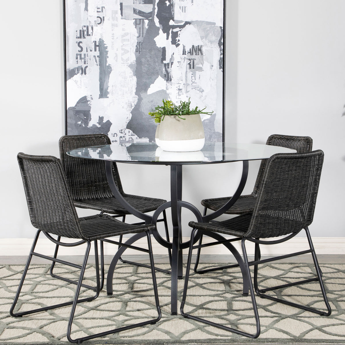 Aviano 48" Round Glass Top Dining Table & Base - Sculptural Ring-Motif Metal Base in Gunmetal – view 18