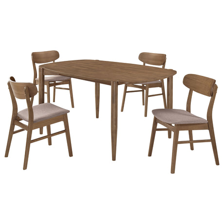 Dortch 63" Dining Table & Sets - Mid-Century Walnut Rubberwood with Curved-Back Brown Upholstered Chairs – view 14