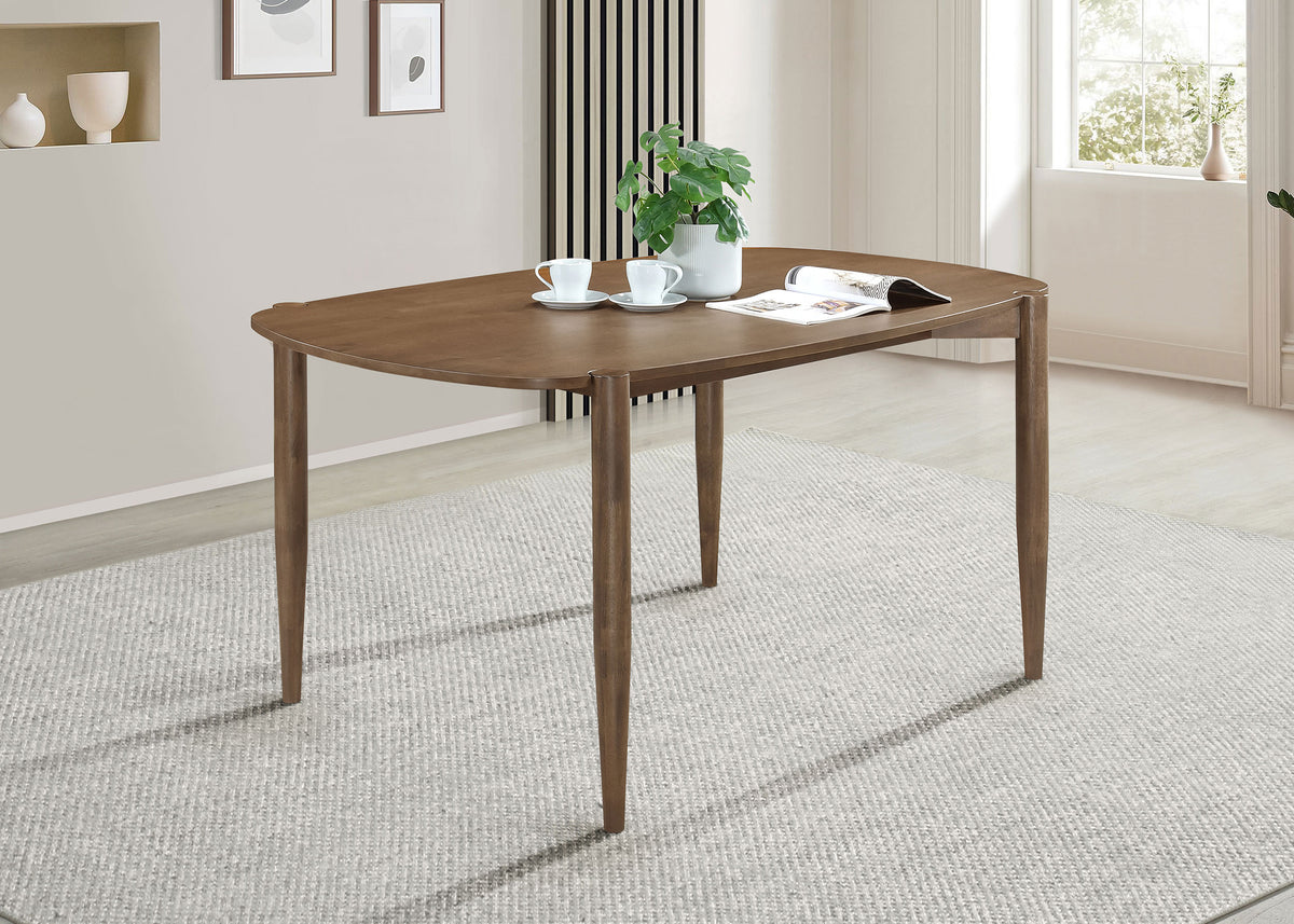 Dortch 63" Dining Table & Sets - Mid-Century Walnut Rubberwood with Curved-Back Brown Upholstered Chairs – view 1
